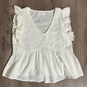 Love Notes Cotton Cream Ruffle Embroidered Blouse Dainty Summer Top